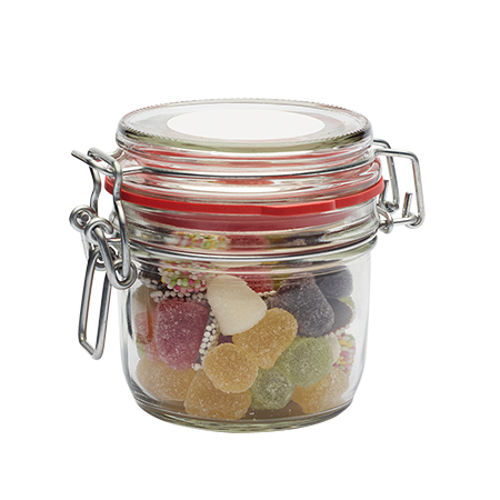 Glazen weckpotje 125 ml gevuld met snoep categorie BASIS