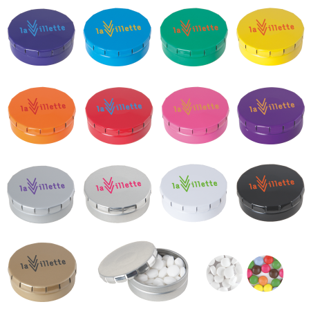 Rond click clack blik 45 mm met ca. 12 gr. mintjes TAMPONPRINT