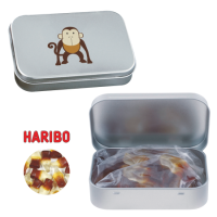 Scharnierblik met ca. 60 gr. Haribo colaflesjes