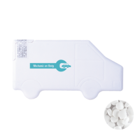 Vrachtwagen mintdispenser met ca. 8 gr. mintjes en ingredienten label. TAMPONDRUK