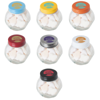 Kleine glazen pot gevuld met ca. 40 gr. hartjes gekleurd deksel