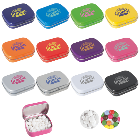 Scharnierblik met ca. 25 gr. mintjes TAMPONPRINT