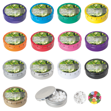 Rond click clack blik 45 mm met 12 gr. mintjes DIGITAAL tot full colour