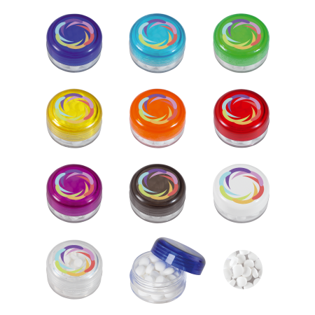 Kunststof rond potje gekleurd deksel met ca. 12 gr. mints DIGITAAL tot full colour
