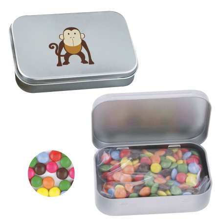 Scharnierblik met ca. 45 gr. choco carletties