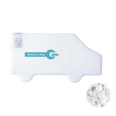 Vrachtwagen mintdispenser met ca. 8 gr. mintjes en ingredienten label. TAMPONDRUK