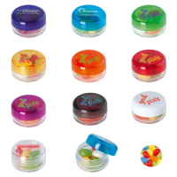 Kunststof rond potje gekleurd deksel met ca. 12 gr. jelly beans TAMPONDRUK