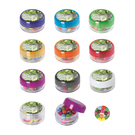 Kunststof rond potje gekleurd deksel met ca. 12 gr. choco carletties DIGITAAL tot in full colour