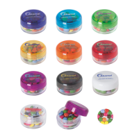 Kunststof rond potje gekleurd deksel met ca. 12 gr. choco carletties TAMPONDRUK