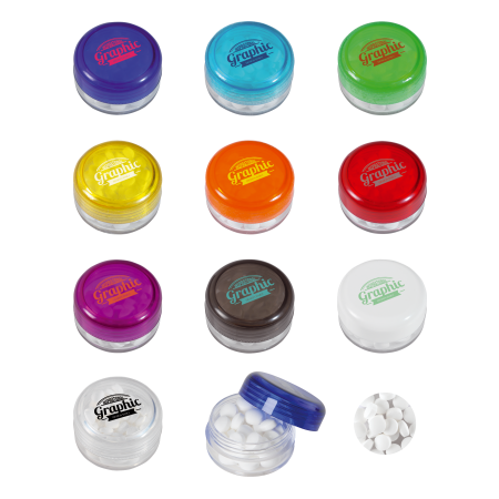 Kunststof rond potje gekleurd deksel met ca. 12 gr. mints TAMPONDRUK
