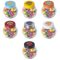 Kleine glazen pot gevuld met ca. 40 gr. choco carletties gekleurd deksel