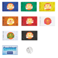 Creditcard mintdispenser met ca. 8 gr. mintjes en ingredienten label DIGITAALPRINT tot full colour