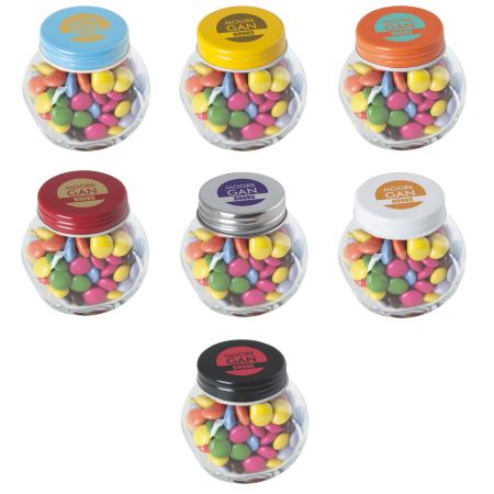 Kleine glazen pot gevuld met ca. 40 gr. choco carletties gekleurd deksel