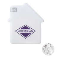 Huis mintdispenser met ca. 8 gr. mintjes en ingredienten label TAMPONDRUK