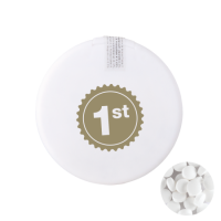 Ronde mintdispenser met ca. 8 gr. mintjes en ingredienten label. TAMPONDRUK