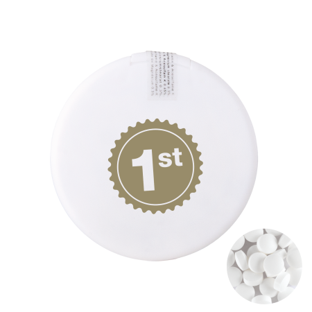 Ronde mintdispenser met ca. 8 gr. mintjes en ingredienten label. TAMPONDRUK
