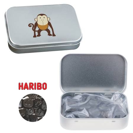 Scharnierblik met ca. 60 gr. Haribo dropgeld
