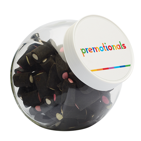 Glazen snoeppot 870 ml wit kunststof deksel gevuld met snoep categorie SPECIAAL