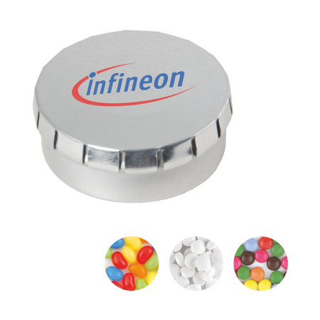 Rond click clack blik 53 mm met ca. 25 gr. mintjes TAMPONPRINT