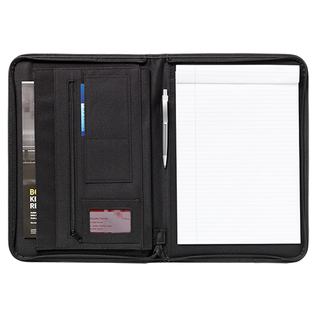Schrijf-/documentatiemap A4 met schrijfblok en pen voorzien van rits van 600D nylon en imitatieleer