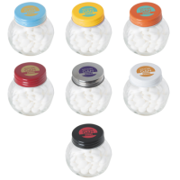 Kleine glazen pot gevuld met ca. 40 gr. mints gekleurd deksel