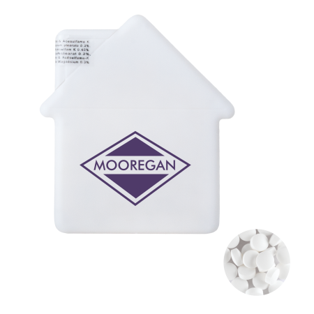 Huis mintdispenser met ca. 8 gr. mintjes en ingredienten label TAMPONDRUK