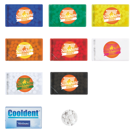 Creditcard mintdispenser met ca. 8 gr. mintjes en ingredienten label DIGITAALPRINT tot full colour
