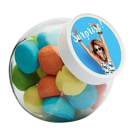 Glazen snoeppot 870 ml wit kunststof deksel gevuld met snoep categorie BASIS