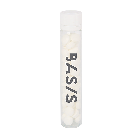 Transparant buisje met dop gevuld met ca. 17 gr. DutchDex dextrose mints
