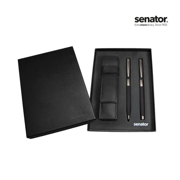 senator® Image black Line Set (balpen+ Rollerball in Box mit lederen etui)