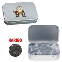 Scharnierblik met ca. 60 gr. Haribo dropgeld