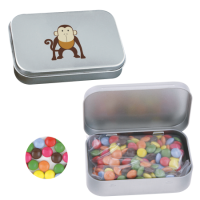 Scharnierblik met ca. 45 gr. choco carletties