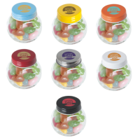 Kleine glazen pot gevuld met ca. 40 gr. jelly beans gekleurd deksel