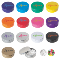 Rond click clack blik 45 mm met ca. 12 gr. mintjes TAMPONPRINT