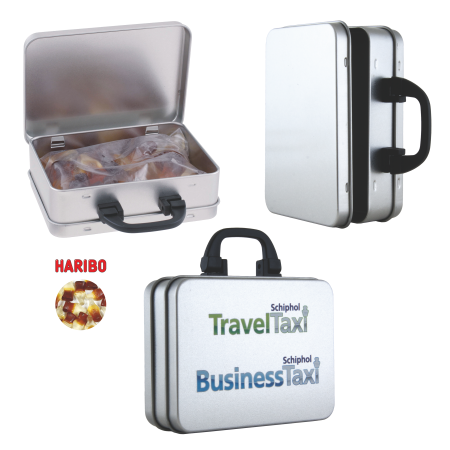 Kofferblik met ca. 150 gr. Haribo colaflesjes