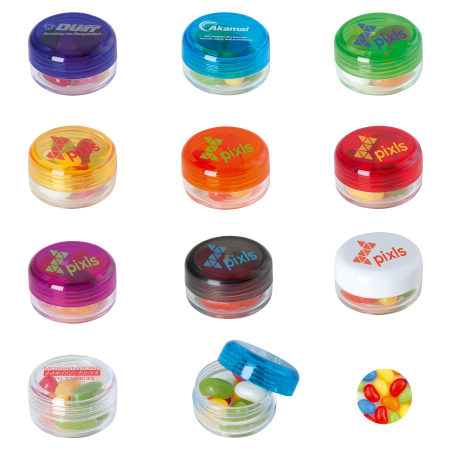 Kunststof rond potje gekleurd deksel met ca. 12 gr. jelly beans TAMPONDRUK