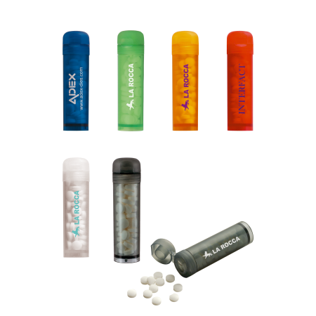 Mint tube met ca. 11 gr. mintjes en ingredienten label.